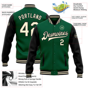 Custom Kelly Green Cream-Black Bomber Full-Snap Varsity Letterman Two Tone Jacket