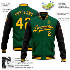 Custom Kelly Green Gold-Black Bomber Full-Snap Varsity Letterman Two Tone Jacket