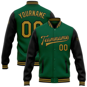 Custom Kelly Green Old Gold-Black Bomber Full-Snap Varsity Letterman Two Tone Jacket