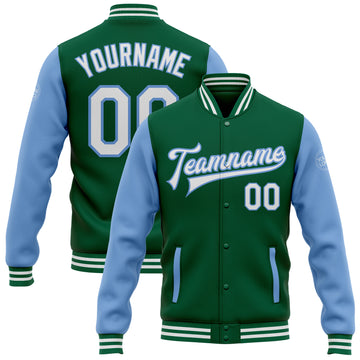 Custom Kelly Green White-Light Blue Bomber Full-Snap Varsity Letterman Two Tone Jacket