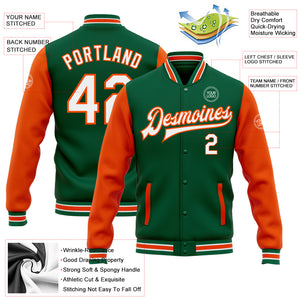 Custom Kelly Green White-Orange Bomber Full-Snap Varsity Letterman Two Tone Jacket