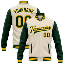 Load image into Gallery viewer, Custom Cream Green-Gold Bomber Full-Snap Varsity Letterman Two Tone Jacket
