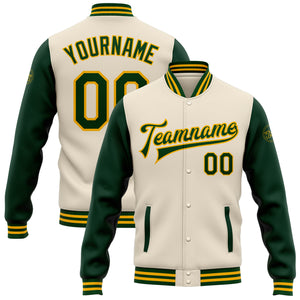 Custom Cream Green-Gold Bomber Full-Snap Varsity Letterman Two Tone Jacket