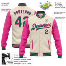 Load image into Gallery viewer, Custom Cream Kelly Green-Pink Bomber Full-Snap Varsity Letterman Two Tone Jacket
