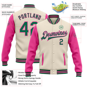 Custom Cream Kelly Green-Pink Bomber Full-Snap Varsity Letterman Two Tone Jacket