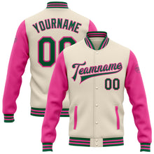 Load image into Gallery viewer, Custom Cream Kelly Green-Pink Bomber Full-Snap Varsity Letterman Two Tone Jacket
