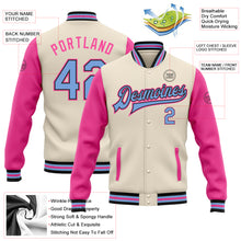 Load image into Gallery viewer, Custom Cream Light Blue Black-Pink Bomber Full-Snap Varsity Letterman Two Tone Jacket
