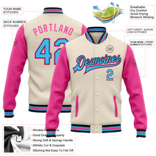 Load image into Gallery viewer, Custom Cream Sky Blue Black-Pink Bomber Full-Snap Varsity Letterman Two Tone Jacket
