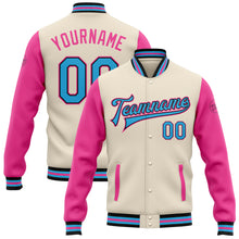 Load image into Gallery viewer, Custom Cream Sky Blue Black-Pink Bomber Full-Snap Varsity Letterman Two Tone Jacket
