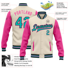 Load image into Gallery viewer, Custom Cream Aqua Black-Pink Bomber Full-Snap Varsity Letterman Two Tone Jacket
