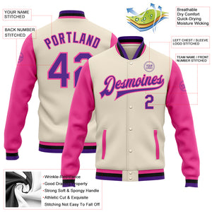 Custom Cream Aqua Purple Pink-Black Bomber Full-Snap Varsity Letterman Two Tone Jacket