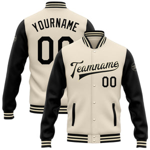 Custom Cream Black Bomber Full-Snap Varsity Letterman Two Tone Jacket