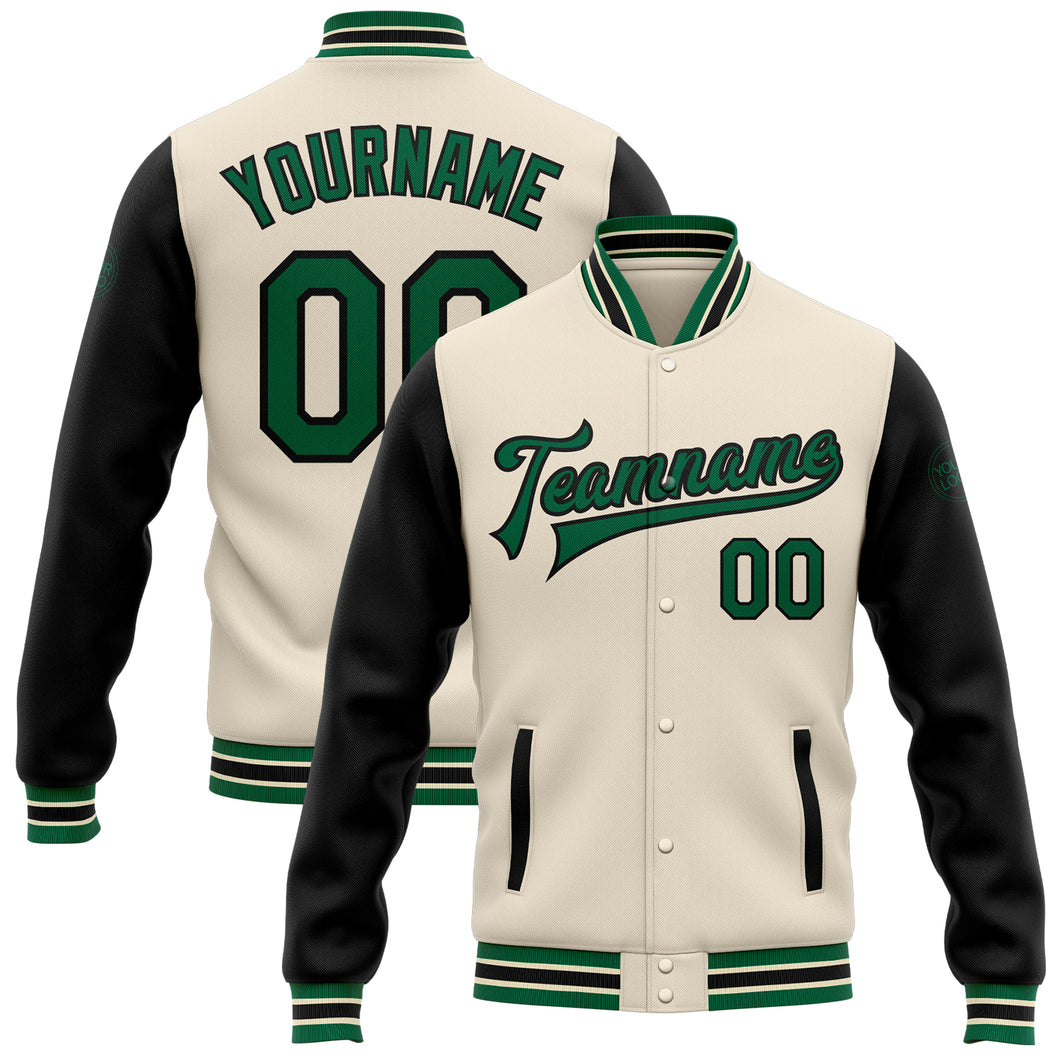 Custom Cream Kelly Green-Black Bomber Full-Snap Varsity Letterman Two Tone Jacket