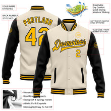 Load image into Gallery viewer, Custom Cream Gold-Black Bomber Full-Snap Varsity Letterman Two Tone Jacket

