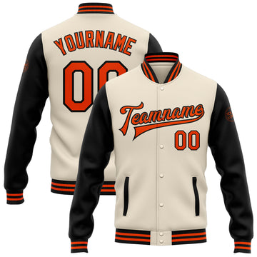 Custom Cream Orange-Black Bomber Full-Snap Varsity Letterman Two Tone Jacket
