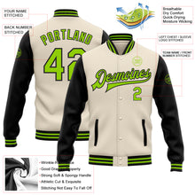 Laden Sie das Bild in den Galerie-Viewer, Custom Cream Neon Green-Black Bomber Full-Snap Varsity Letterman Two Tone Jacket
