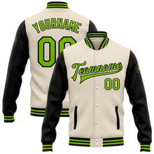 Laden Sie das Bild in den Galerie-Viewer, Custom Cream Neon Green-Black Bomber Full-Snap Varsity Letterman Two Tone Jacket
