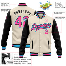 Laden Sie das Bild in den Galerie-Viewer, Custom Cream Pink Black-Sky Blue Bomber Full-Snap Varsity Letterman Two Tone Jacket
