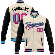 Load image into Gallery viewer, Custom Cream Pink Black-Sky Blue Bomber Full-Snap Varsity Letterman Two Tone Jacket
