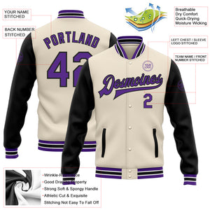 Custom Cream Purple-Black Bomber Full-Snap Varsity Letterman Two Tone Jacket