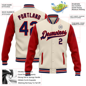 Custom Cream Navy-Red Bomber Full-Snap Varsity Letterman Two Tone Jacket