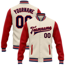 Load image into Gallery viewer, Custom Cream Navy-Red Bomber Full-Snap Varsity Letterman Two Tone Jacket
