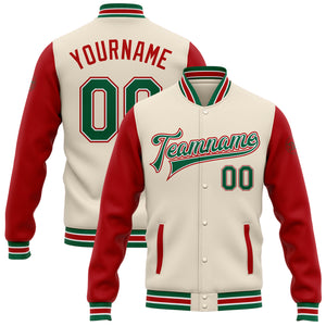 Custom Cream Kelly Green-Red Bomber Full-Snap Varsity Letterman Two Tone Jacket