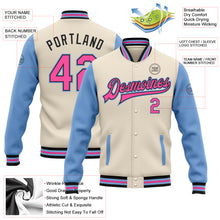 Laden Sie das Bild in den Galerie-Viewer, Custom Cream Pink Black-Light Blue Bomber Full-Snap Varsity Letterman Two Tone Jacket
