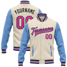 Laden Sie das Bild in den Galerie-Viewer, Custom Cream Pink Black-Light Blue Bomber Full-Snap Varsity Letterman Two Tone Jacket
