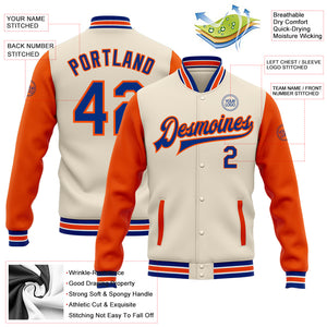 Custom Cream Royal-Orange Bomber Full-Snap Varsity Letterman Two Tone Jacket