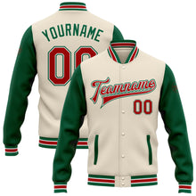 Laden Sie das Bild in den Galerie-Viewer, Custom Cream Red-Kelly Green Bomber Full-Snap Varsity Letterman Two Tone Jacket
