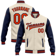 Laden Sie das Bild in den Galerie-Viewer, Custom Cream Orange-Navy Bomber Full-Snap Varsity Letterman Two Tone Jacket
