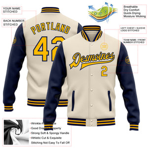 Custom Cream Gold-Navy Bomber Full-Snap Varsity Letterman Two Tone Jacket