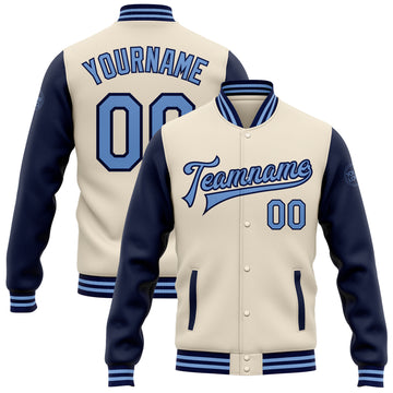 Custom Cream Light Blue-Navy Bomber Full-Snap Varsity Letterman Two Tone Jacket