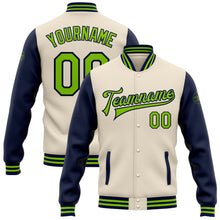 Load image into Gallery viewer, Custom Cream Neon Green-Navy Bomber Full-Snap Varsity Letterman Two Tone Jacket
