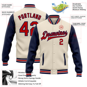 Custom Cream Red-Navy Bomber Full-Snap Varsity Letterman Two Tone Jacket