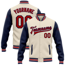 Laden Sie das Bild in den Galerie-Viewer, Custom Cream Red-Navy Bomber Full-Snap Varsity Letterman Two Tone Jacket
