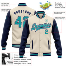 Laden Sie das Bild in den Galerie-Viewer, Custom Cream Teal Navy-Gray Bomber Full-Snap Varsity Letterman Two Tone Jacket
