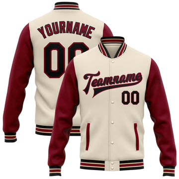 Custom Cream Black Crimson-City Cream Bomber Full-Snap Varsity Letterman Two Tone Jacket