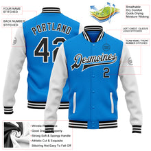Laden Sie das Bild in den Galerie-Viewer, Custom Powder Blue Black-White Bomber Full-Snap Varsity Letterman Two Tone Jacket

