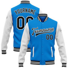 Laden Sie das Bild in den Galerie-Viewer, Custom Powder Blue Black-White Bomber Full-Snap Varsity Letterman Two Tone Jacket
