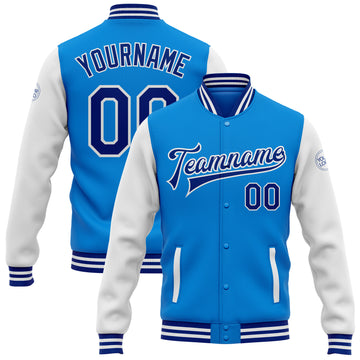 Custom Electric Blue Royal-White Bomber Full-Snap Varsity Letterman Two Tone Jacket