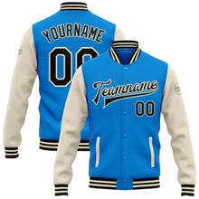 Charger l&#39;image dans la galerie, Custom Powder Blue Black-Cream Bomber Full-Snap Varsity Letterman Two Tone Jacket
