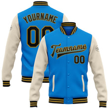Laden Sie das Bild in den Galerie-Viewer, Custom Powder Blue Black Cream-Old Gold Bomber Full-Snap Varsity Letterman Two Tone Jacket
