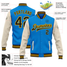 Laden Sie das Bild in den Galerie-Viewer, Custom Powder Blue Black Cream-Gold Bomber Full-Snap Varsity Letterman Two Tone Jacket

