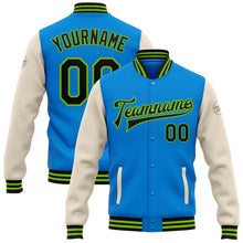 Laden Sie das Bild in den Galerie-Viewer, Custom Powder Blue Black Cream-Neon Green Bomber Full-Snap Varsity Letterman Two Tone Jacket

