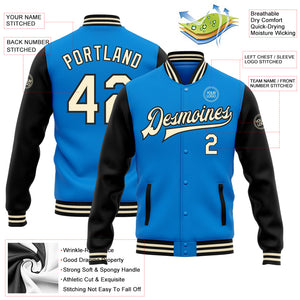 Custom Electric Blue Cream-Black Bomber Full-Snap Varsity Letterman Two Tone Jacket