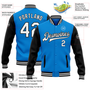 Custom Electric Blue White-Black Bomber Full-Snap Varsity Letterman Two Tone Jacket