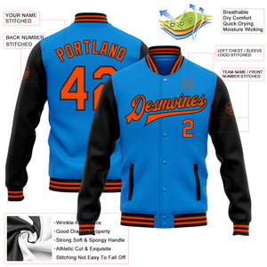 Custom Electric Blue Orange-Black Bomber Full-Snap Varsity Letterman Two Tone Jacket