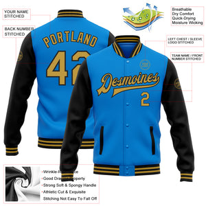 Custom Electric Blue Old Gold-Black Bomber Full-Snap Varsity Letterman Two Tone Jacket